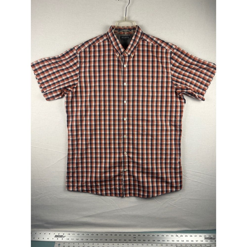 Eddie Bauer Mens XL Tall Plaid Button Down Shirt Orange Blue Wrinkle Free Shirt